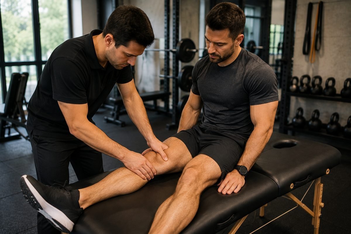 Atendimento de massoterapia desportiva em academia, recuperação muscular