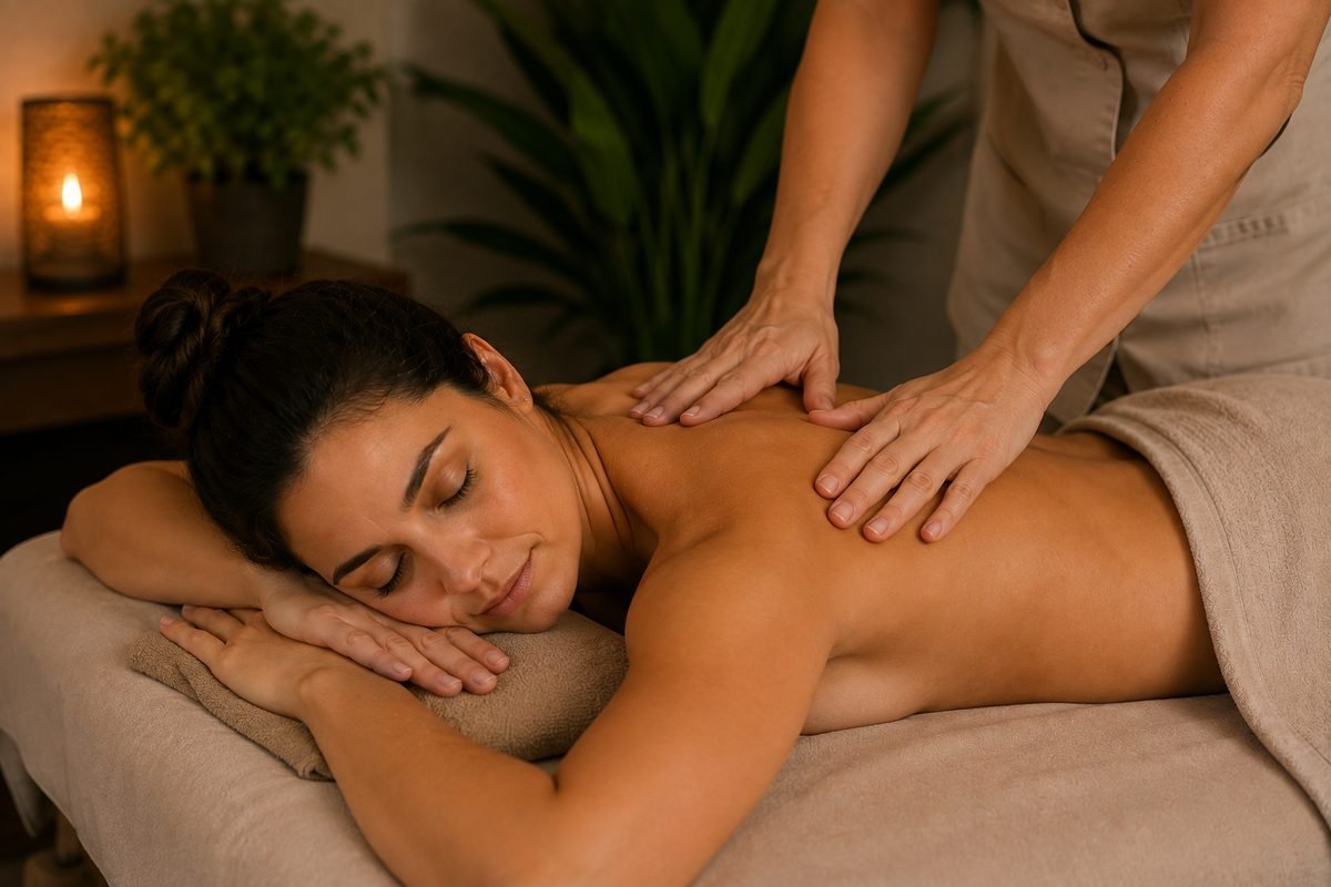 Mulher recebendo massagem terapêutica em ambiente acolhedor