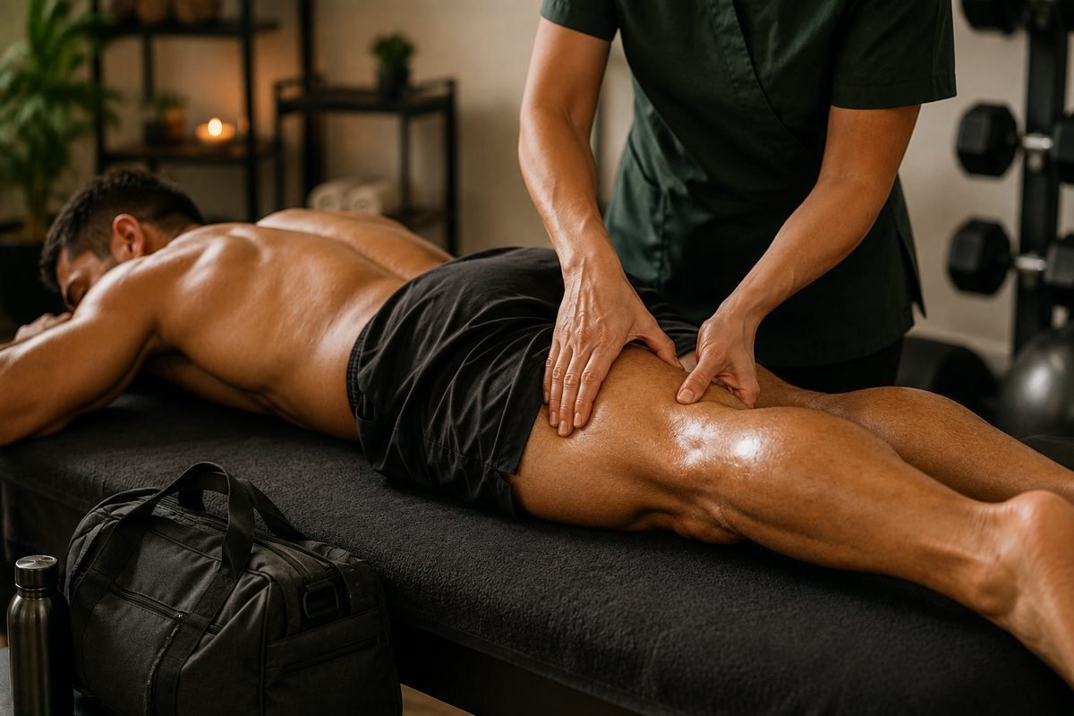 Massagem desportiva em atleta, foco na recuperação muscular