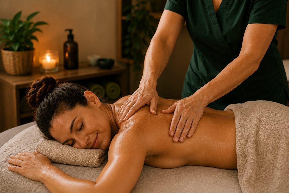 Massagem integrativa nas costas, com toque firme e acolhedor